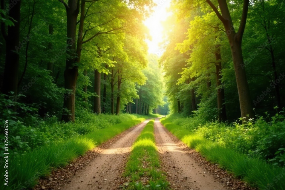 Fototapeta premium Sunlit Pathway Through a Lush Green Forest with Vibrant Foliage and a Serene Atmosphere