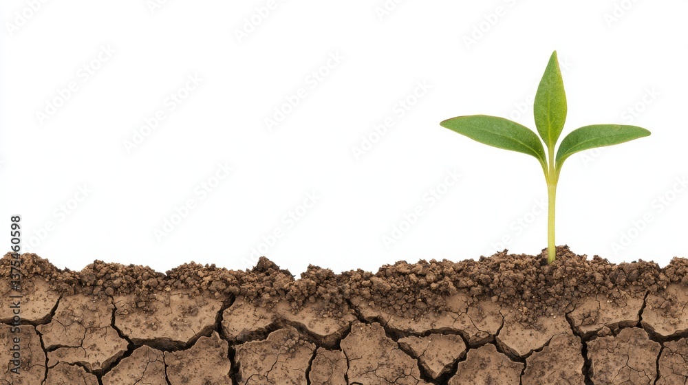 Green sprout emerging from dry, cracked soil surface. Green sprout emerging from dry, cracked soil surface.