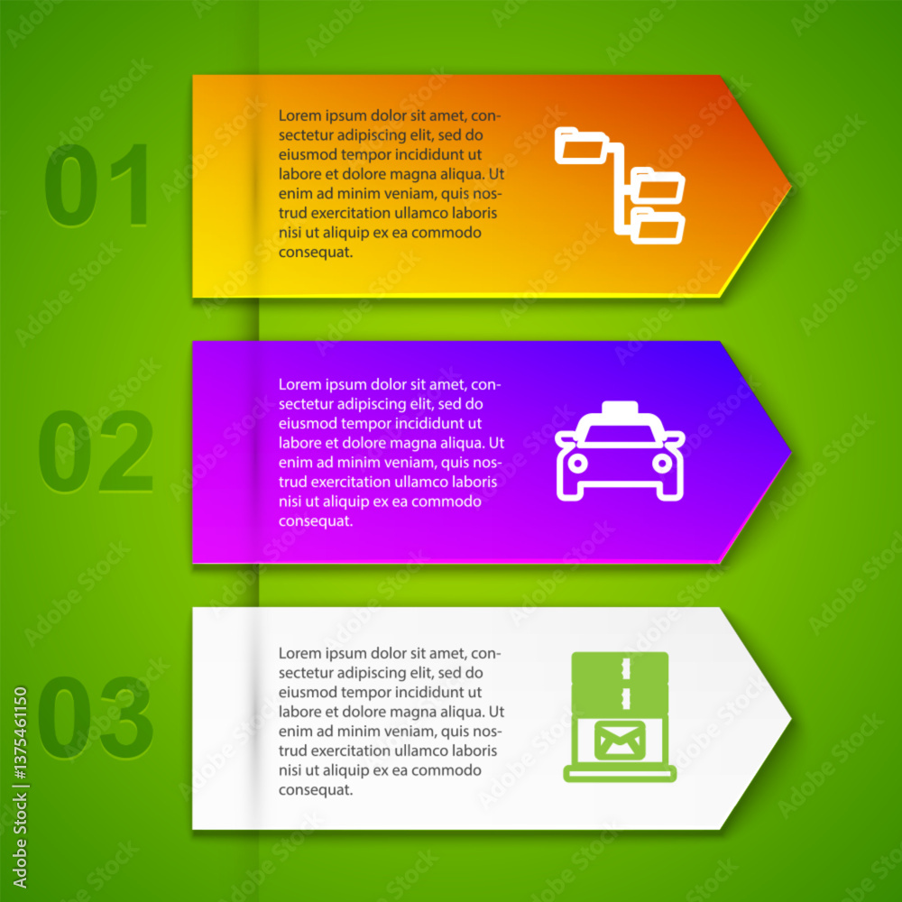 Fototapeta premium Set line Folder tree, Taxi car, Mail server and Unknown document. Business infographic template. Vector