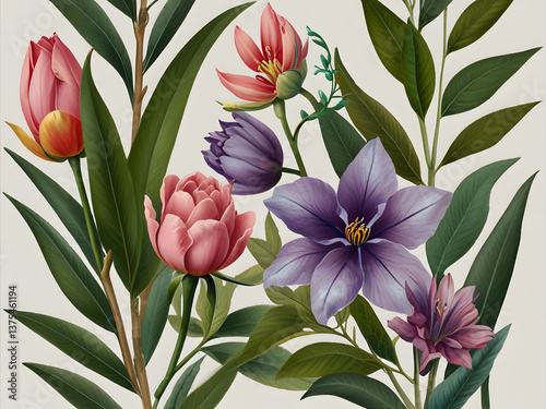 Pastel Joba flower Elegance: Botanical Harmony of Flower and Leaves on a Clean White Canvas – High-Quality PNG Image for Versatile Design Needs