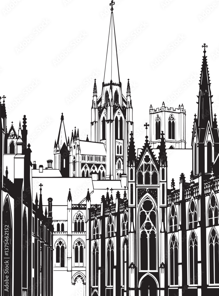 Fototapeta premium City landscape. Different buildings on street, outline cityscape hand sketch, flat houses. Hand drawn vector illustration