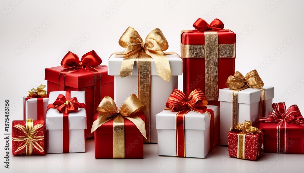 Obraz premium A collection of red and white gift wrapped presents with a red and gold ribbon bows isolated against a white background.