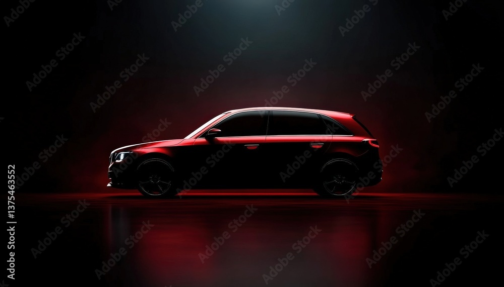 Red Car Silhouette in Dark Studio Setting Red Car Silhouette in Dark Studio Setting