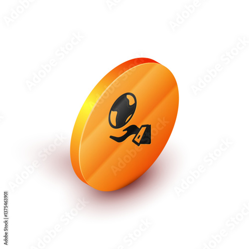 Isometric Human hands holding Earth globe icon isolated on white background. Save earth concept. Orange circle button. Vector