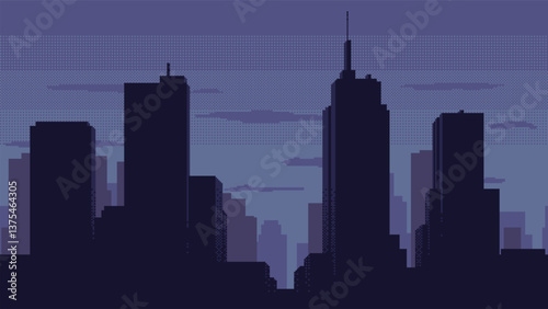 Pixel art city background with buildings and houses before dawn. Minimalist design vector for retro 8bit video game. Seamless when docking horizontally.