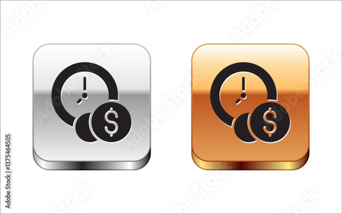 Black Time is money icon isolated on white background. Money is time. Effective time management. Convert time to money. Silver and gold square buttons. Vector