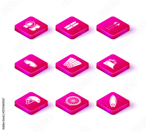 Set Helmet, Bicycle wheel, Ski goggles, Rubber flippers for swimming, Surfboard, on street ramp, poles and and sticks icon. Vector
