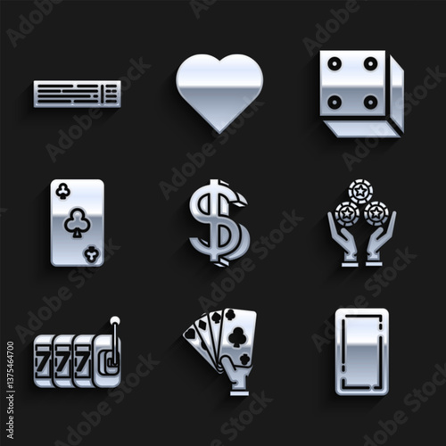 Set Dollar symbol, Hand holding playing cards, Playing back, casino chips, Slot machine with lucky sevens jackpot, clubs, Game dice and Deck of icon. Vector