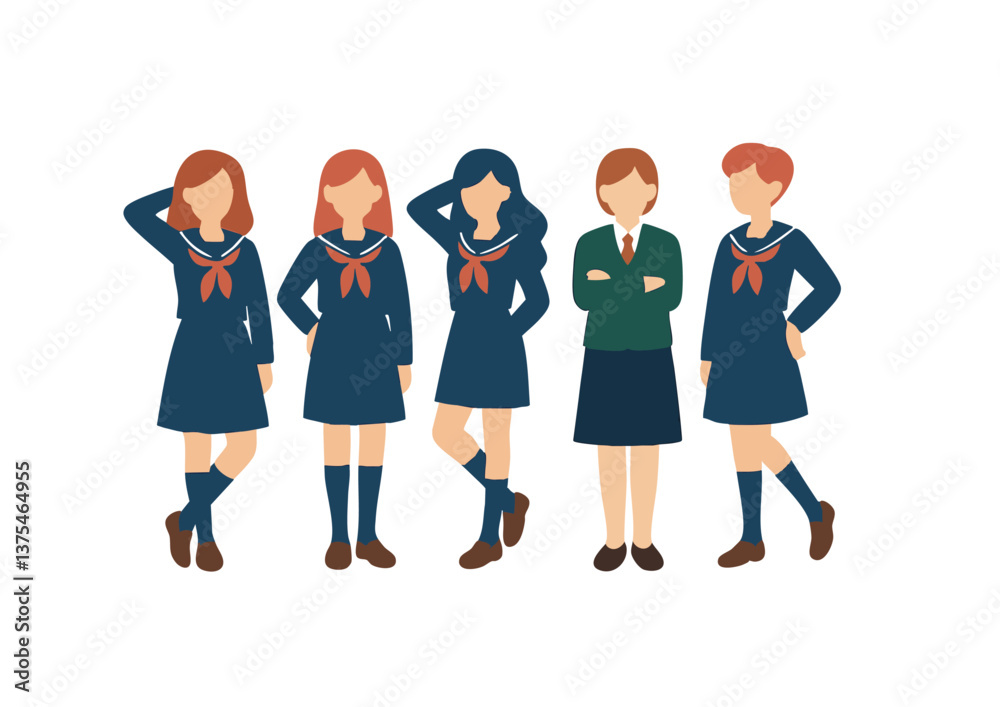 Obraz premium シンプルなデフォルメ女子学生のイラストセット