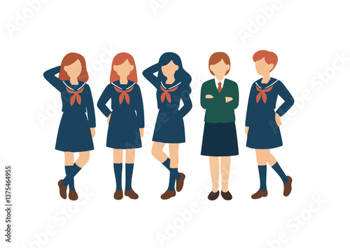 シンプルなデフォルメ女子学生のイラストセット