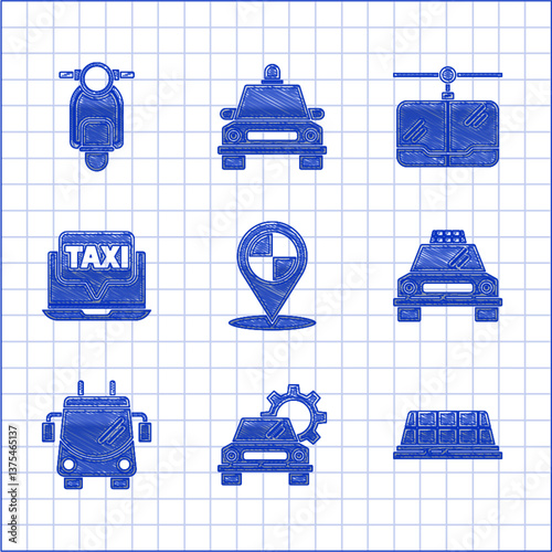 Set Map pointer with taxi, Car service, Taxi car roof, Trolleybus, Laptop call, Cable and Scooter icon. Vector