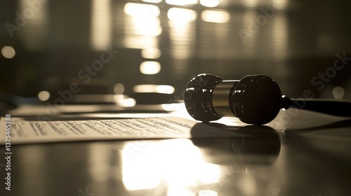Close-up of a gave!resting on legaldocuments,
symbolizing intellectualproperty disputes andlegal proceedings in acourtroom setting. photo