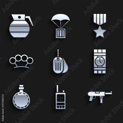Set Military dog tag, Walkie talkie, Submachine gun M3, Dynamite and timer clock, Canteen water bottle, Brass knuckles, reward medal and Hand grenade icon. Vector