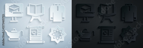 Set Holy book of Koran, Shirt kurta, Oil lamp, Octagonal star, and Kaaba mosque icon. Vector