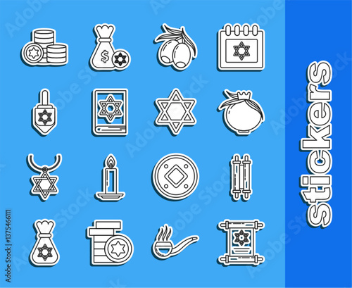 Set line Torah scroll, Pomegranate, Olives branch, Jewish torah book, Hanukkah dreidel, coin and Star of David icon. Vector
