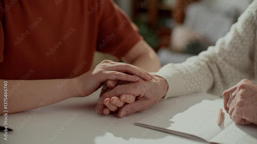 Unrecognizable female caregiver holding hand of senior woman over table with notebook, supporting her during conversation at home. Close-up shot