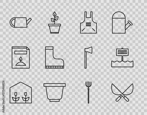 Set line Home greenhouse and plants, Gardening handmade scissors, Kitchen apron, Flower pot, Watering can, Waterproof rubber boot, pitchfork and Blank wooden sign board icon. Vector