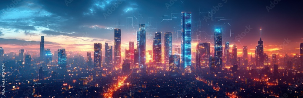 Fototapeta premium Cyberpunk Cityscape Night Technology Network Concept with Abstract City Skyline and Digital Connectivity