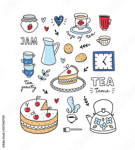 Tea and coffee vector illustrations. Hand drawn cups, teapot, desserts, cake on white background