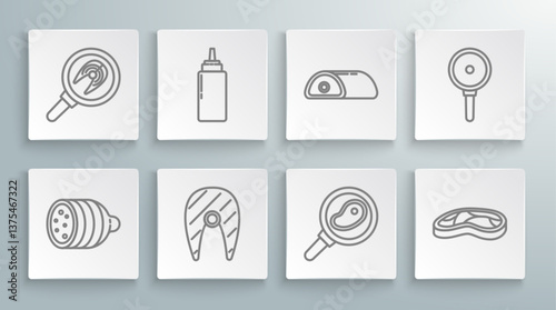Set line Salami sausage, Sauce bottle, Fish steak, Steak meat in frying pan, Meat, Frying and icon. Vector