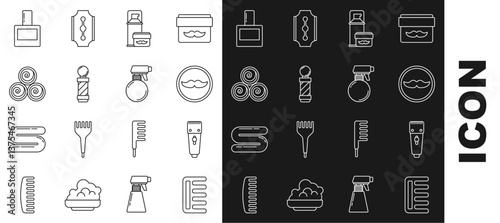Set line Hairbrush, Electrical hair clipper or shaver, Mustache, Shaving gel foam, Classic Barber shop pole, Towel rolls, Aftershave and Hairdresser pistol spray bottle icon. Vector