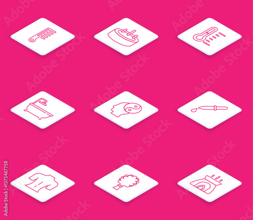 Set line Hairbrush, Swimming pool with ladder, Sauna thermometer, Bathtub, Yin Yang, Pipette, Massage and broom icon. Vector