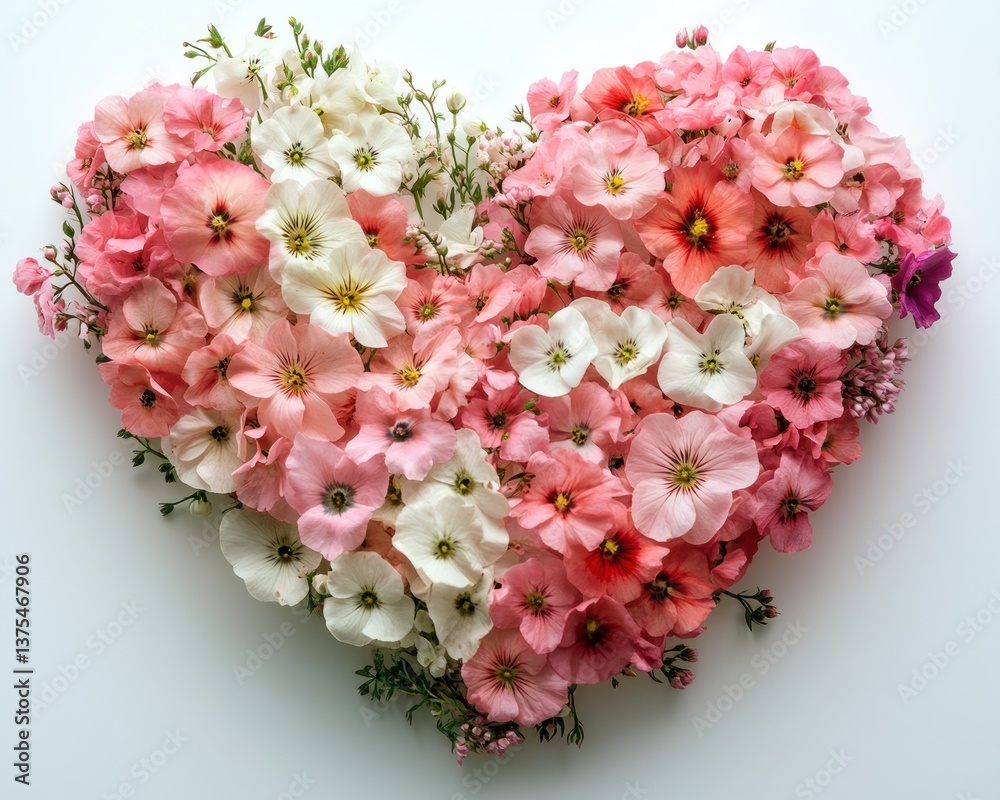 Obraz premium Heart Shaped Pink and White Floral Arrangement on Clean Background for Valentines Day and Mother's Day