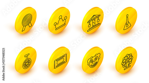 Set line Ferris wheel, Clown head, Circus ticket, Unicycle or one bicycle, Balalaika, Attraction carousel, Jester hat with bells and Target icon. Vector