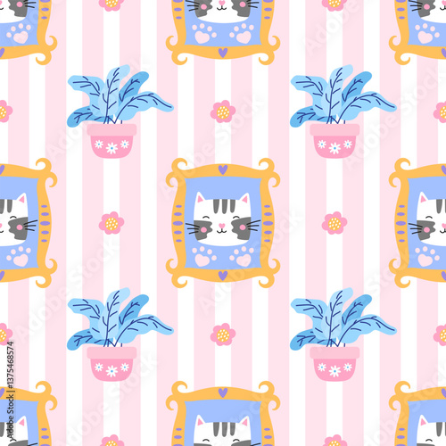 Seamless pattern with kitten faces, floral details, and striped background in soft pastels. Great for wrapping paper, children clothing, and nursery textiles. Cute and modern style