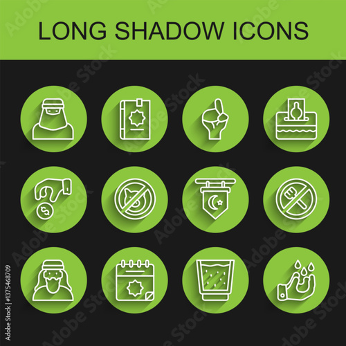 Set line Muslim man, Ramadan calendar, woman in niqab, Glass with water, Wudhu, No pig, fasting and Star and crescent icon. Vector