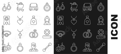 Set line Piercing, Gem stone, Consultant of jewelry store, Electronic scales, Necklace with heart shaped pendant, Tooth diamond, Earrings and Bag gems icon. Vector