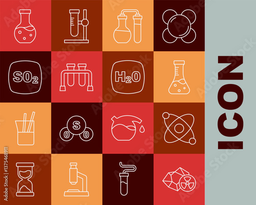 Set line Radioactive, Atom, Test tube, Sulfur dioxide SO2, and Chemical formula H2O icon. Vector