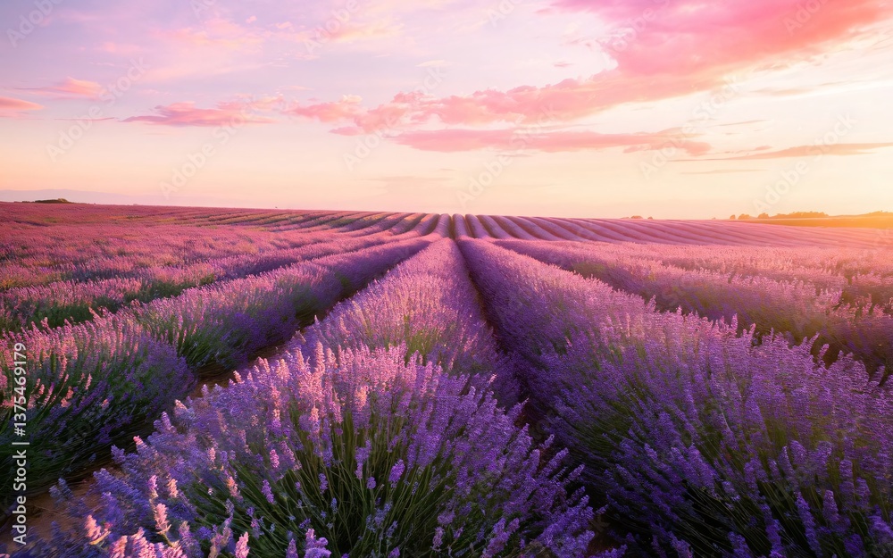 Fototapeta premium Endless Lavender Fields Under a Dreamlike Pink and Gold Sunset