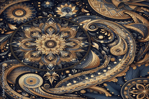 Dark blue,gold and white ethnic silk pattern, background image.