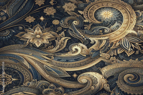 Dark blue,gold and white ethnic silk pattern, background image.