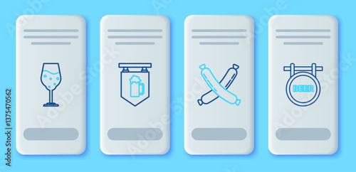 Set line Street signboard with glass of beer, Crossed sausage, Glass and inscription Beer icon. Vector