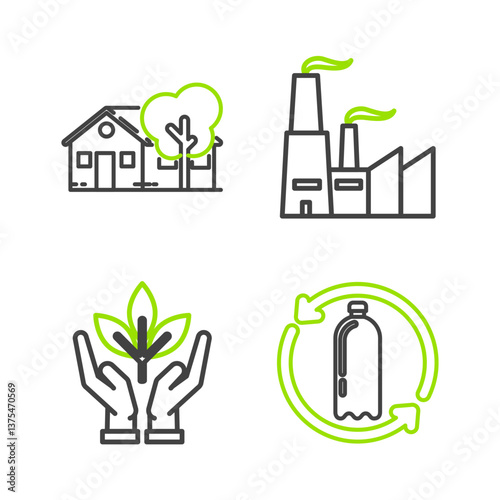 Set line Recycling plastic bottle, Plant hand of environmental protection, Factory and Eco friendly house icon. Vector