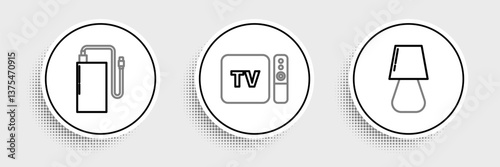 Set line Table lamp, Power bank with different charge cable and TV box receiver and player remote controller icon. Vector