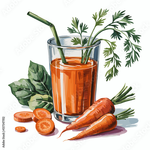 Watercolor Carrot Juice with Fresh Carrots and Leaves