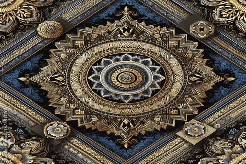 Dark blue,gold and white ethnic silk pattern, background image.