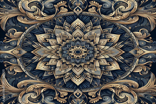 Dark blue,gold and white ethnic silk pattern, background image.