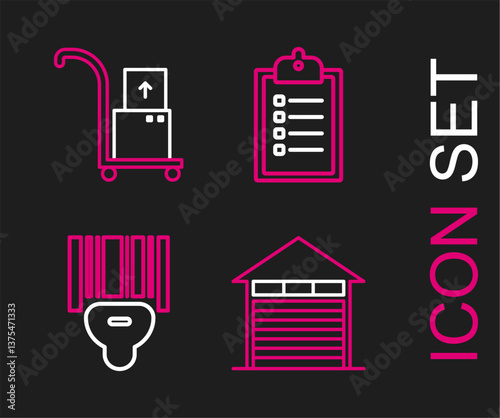 Set line Closed warehouse, Scanner scanning bar code, Verification of delivery list clipboard and Hand truck and boxes icon. Vector