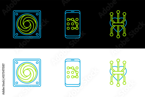 Set line Processor, Computer cooler and Mobile and graphic password protection icon. Vector