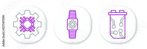 Set line Video graphic card, Processor and Smartwatch icon. Vector