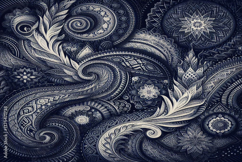 Dark blue and white ethnic silk pattern, background image.	
