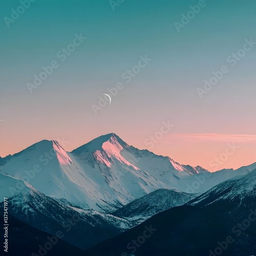 Majestic snow capped mountain peaks rise against a serene blue sky at dusk with a crescent moon visible in the distance  The scene is enhanced by a dramatic cinematic lighting effect photo