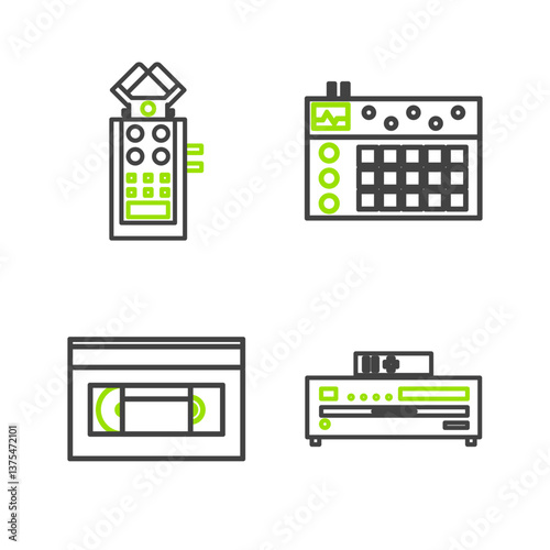 Set line Music CD player, VHS video cassette tape, Drum machine and Microphone icon. Vector