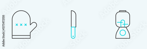 Set line Blender, Oven glove and Knife icon. Vector