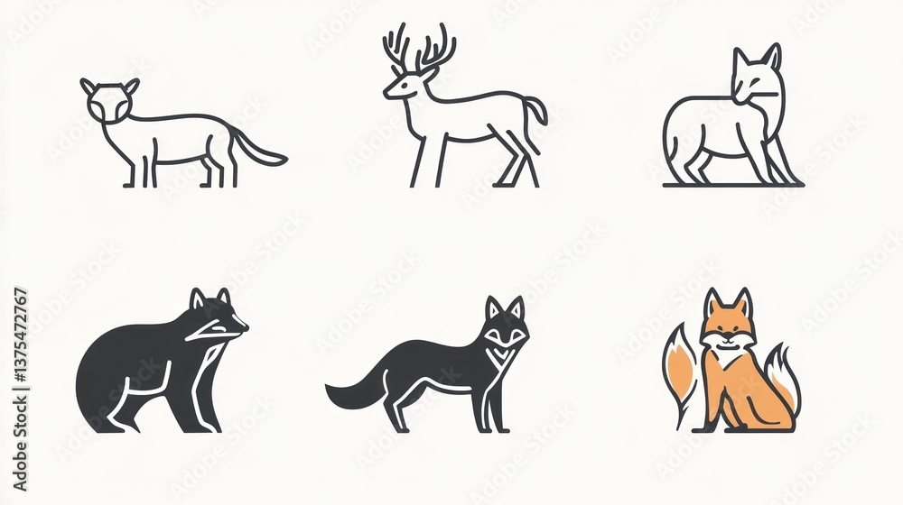 Fototapeta premium Simple line art animal silhouettes