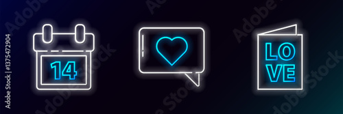 Set line Valentines day party flyer, Calendar with February 14 and Like and heart icon. Glowing neon. Vector